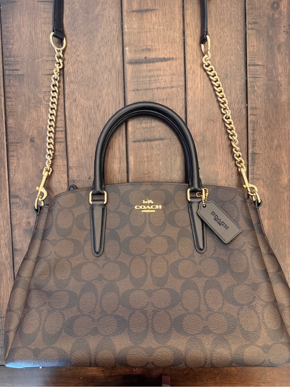 Coach Brown Signature Leather Gold Chain Purse Shoulder Bag F29683 Medium - Picture 4 of 15